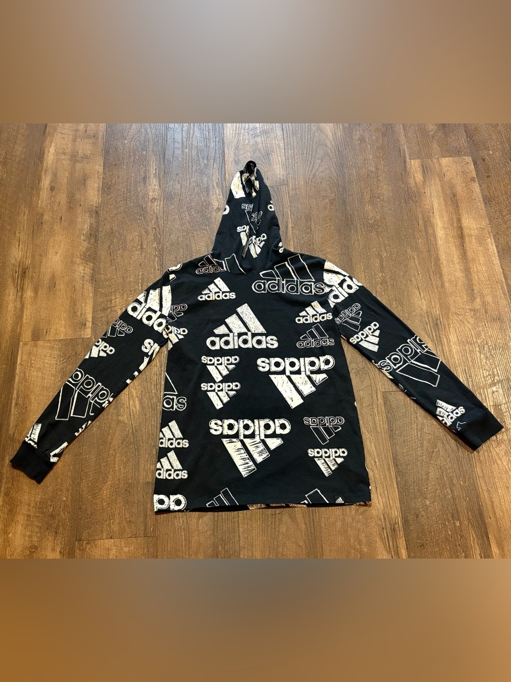 adidas black and white hooded long sleeve with adidas logo all over Size Large - Picture 2 of 8